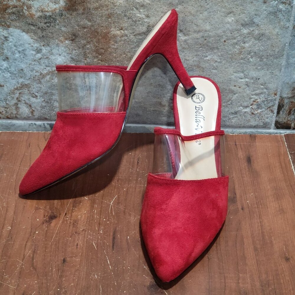 Bella Vitar Red Suede Mules Clear Plastic on Top